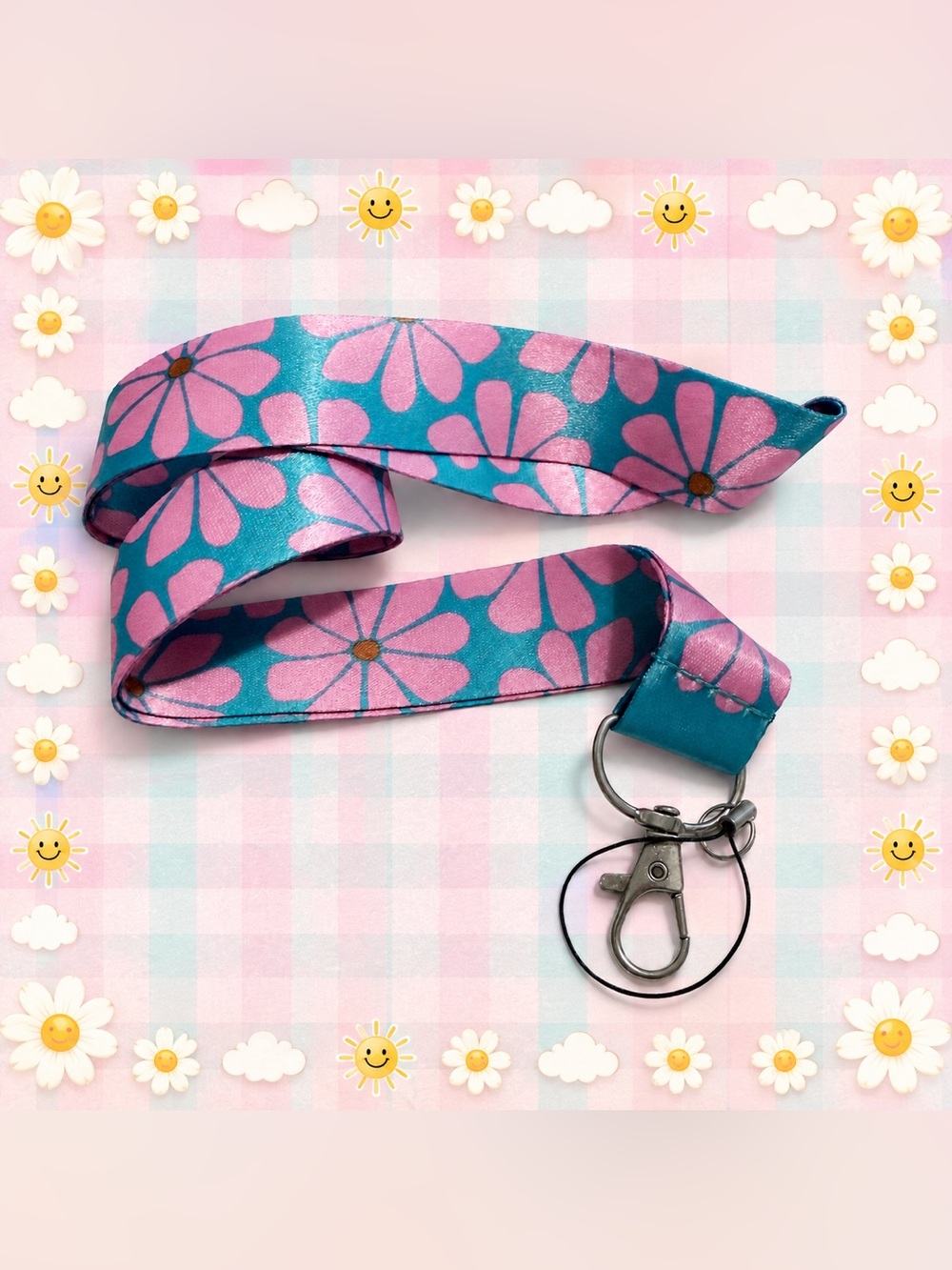 30” 🆕 Teal & Pink Daisy Lanyard 🌼 Cute Key Holder